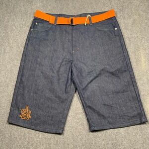 Red Ape Men's Denim Shorts Orange Belt Graphic Logo Embroidered Casual Size 36